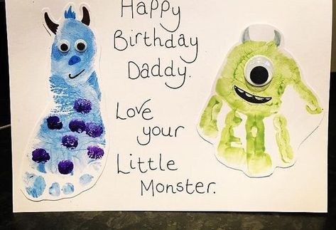 Monsters inspired hand and footprint birthday card for dad Birthday Art For Dad From Toddler, Baby Gifts To Dad Birthday, Handprint Art Birthday Card, Footprint Cards For Dad, Birthday Gifts To Dad From Baby, Diy Gifts For Dad From Baby, Kids Craft For Dads Birthday, Craft For Dad Birthday, Birthday Card For Grandma From Toddler