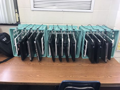 I’ve had a lot of people ask me about the charging station I have in my classroom. I love it because the kiddos can grab a laptop or iPad without tangling the cords or having them fall behind the table 🙄. Everything here is from Target! I used crates, dish racks on the inside, cable clips to hold the cords on top and zip ties to organize the cords in the back. Super easy and super cheap 👍🏻 Happy Teaching! 🍎👩🏼‍🏫 Computer Charging Station Ideas Classroom, Chromebook Charger Organization, Classroom Laptop Storage Charging Stations, Computer Storage Ideas Classroom, Organize Chromebooks In Classroom, How To Store Chromebooks In A Classroom, Chrome Book Charging Station Ideas, Ipad Station Classroom, Chromebook Cord Organization