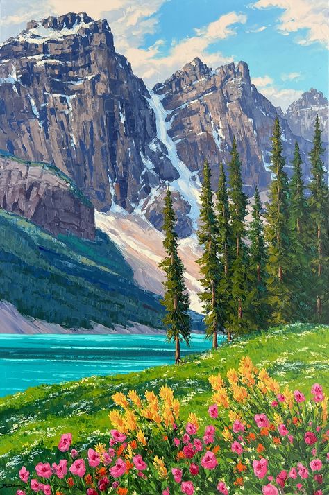 Peizaji Drawing, Lukisan Lanskap, Lake Garden, Mountain Landscape Painting, Scenery Paintings, Moraine Lake, Mosaic Artwork, Canvas Painting Landscape, Seni Cat Air