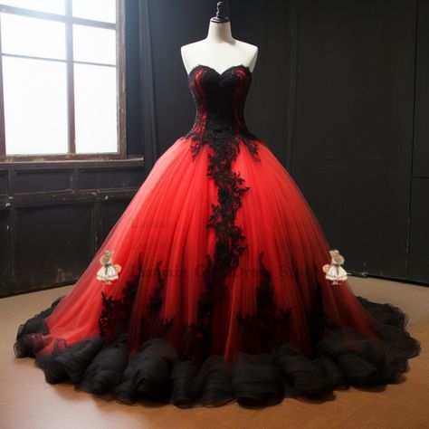 Wedding Dress Red And White, Red Wedding Dress Plus Size, Black And Red Wedding Dress, Red And Black Dresses, Red And White Wedding Dress, Red And Black Gown, Wedding Dresses Red, Wedding Dress Robe, Bell Sleeve Wedding Dress