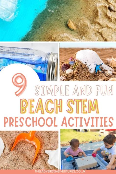 5 photos of beach themed kids activities and text reads 9 simple and fun beach stem preschool activities Beach Science Activities Preschool, Beach Stem Activities, Beach Science Activities, Beach Science, Classroom Stem Activities, Science Activities For Preschoolers, Beach Theme Preschool, Ocean Activities Preschool, Stem Activities Preschool