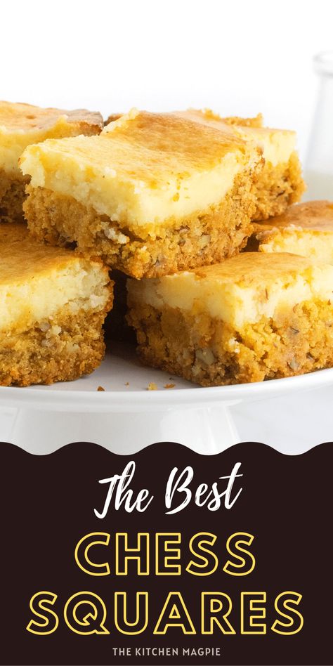 Chess Squares are an easy and amazing dessert. Creamy, crunchy, and smooth, they are some of the best things to come out of the South recipe-wise! Chess Squares Paula Deen, Easy Chess Bars, Chess Cake Squares, Chest Squares Recipe, Chess Squares From Scratch, Chess Bars Easy, Chess Cake Recipe Easy, Chess Pie Squares, Chess Squares Easy