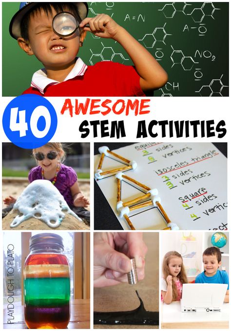 40 Awesome STEM Activities for Kids. Science experiments, math games, engineering activities and technology apps. Marshmallow Shapes, Stem Centers, Stem Activities For Kids, Preschool Stem, Stem Ideas, Stem Lesson, Kid Experiments, Stem For Kids, Kindergarten Science