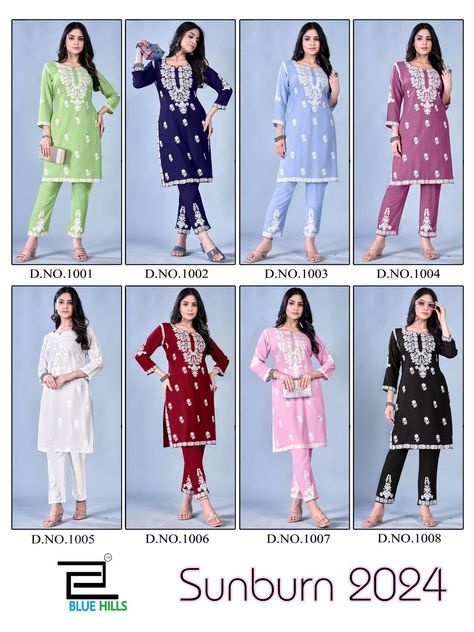 Kavya Style Plus +91-8758538270: Sunburn 2024 Blue Hills Kurti Pant Set Kurti Pant Set, Rayon Kurti, Dress Materials Cotton, Kurti Pant, Fancy Kurti, Kurti Collection, Cotton Dress Material, Kurtis With Pants, Designer Salwar Suits