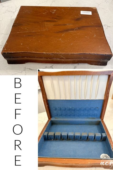 Silverware Boxes Upcycle, Decoupage Boxes Ideas Diy, Repurpose Silverware Boxes, Flatware Box Makeover, Silverware Box Makeover, Repurposed Wooden Box, Wooden Silverware, Fair Crafts, Flatware Box