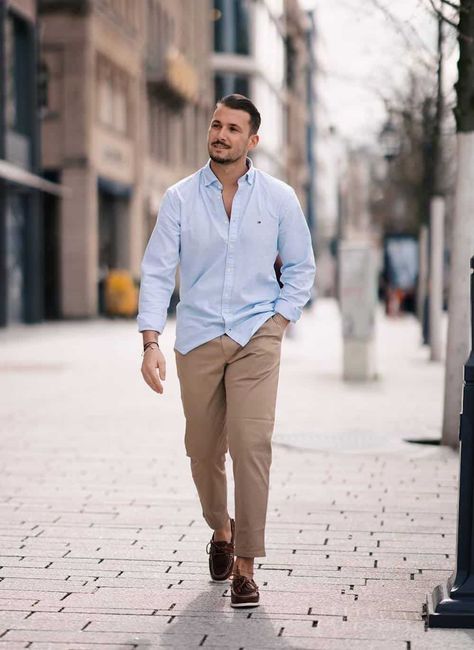 [CommissionsEarned] Looking For A Stylish Khaki Pants Outfit Men Can Wear? Get Streetwear Outfit Ideas With Khaki Pants And Brown Shoes For Casual Summer Days, Work, And Classy Or Formal Events (Wedding Guest). Master The Khaki Pants Aesthetic In A Modern Way! #formalweddingguestdressmen Khaki Pants Outfit Men Formal, Khaki Chinos Men Outfits, Khaki Pants Outfit Men, Boat Shoes Outfit, Blue Chinos Men, Casual Shirts Outfit, Chinos Men Outfit, Light Blue Chinos, Khaki Pants Outfit