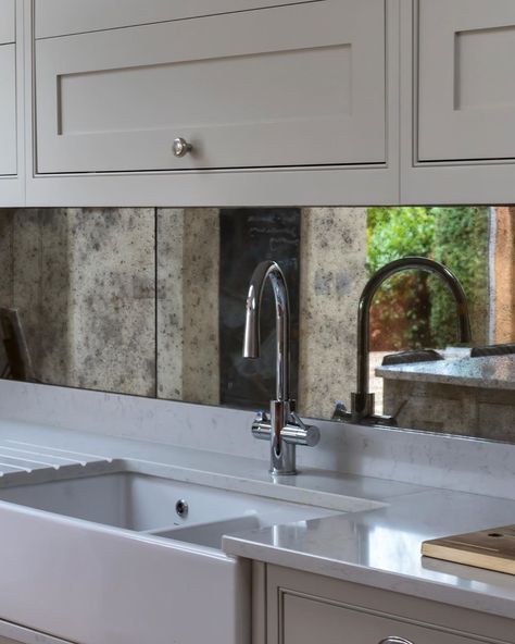 love this elegant Shaker kitchen by @planetfurnitureltd featuring an @PerrinandRowe Belfast sink and ofcourse our very own Really Rough toughened Antique Mirror Splashback panels. Kitchen Mirror Tiles, Mirror Kitchen Tiles, Kitchen Antique Mirror Splashback, Kitchen Antique Mirror, Antique Mirror Kitchen Splashback, Antique Mirror Kitchen Backsplash, Antique Glass Splashback Kitchen, Backsplash Mirror Kitchen, Kitchen Sink Splashback Ideas