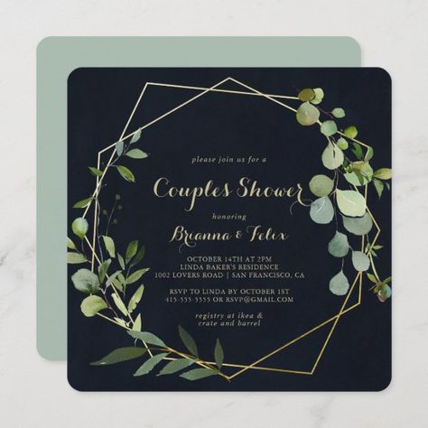 Geometric Gold Blue Green Couples Shower Invitation Spanish Wedding Invitations, Wedding Invitation Message, Vow Renewal Invitations, Green Bridal Showers, Couples Bridal Shower, Couple Wedding Shower, Bride Shower, Tea Party Invitations, Spanish Wedding