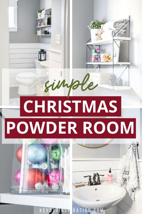 Christmas Powder Room Decor, Powder Room Christmas Decor Ideas, Christmas Half Bath Decor, Christmas Bathroom Shelf Decor, Half Bath Christmas Decor, Small Bathroom Christmas Decor Ideas, Powder Room Christmas Decor, Christmas Powder Room, Christmas Tree 2023 Trends