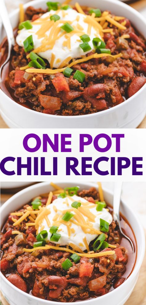 Easy stove top chili recipe in a bowl, topped with a dollop of sour cream, shredded cheddar cheese, and chopped green onions, featuring a blend of ground beef, kidney beans, and spices like cumin and smoked paprika for a delicious, warming meal. Stove Top Chili Recipe Easy, Chili Recipe Easy Stovetop Ground Beef, Chili Recipe Without Kidney Beans, Chilli Recipe Stovetop, Easy Chilli Recipe Stovetop, Beef Chili Recipe Stovetop, Chili Recipe With Noodles, Chili Stove Top Recipe, Easy Chili Recipe Stovetop