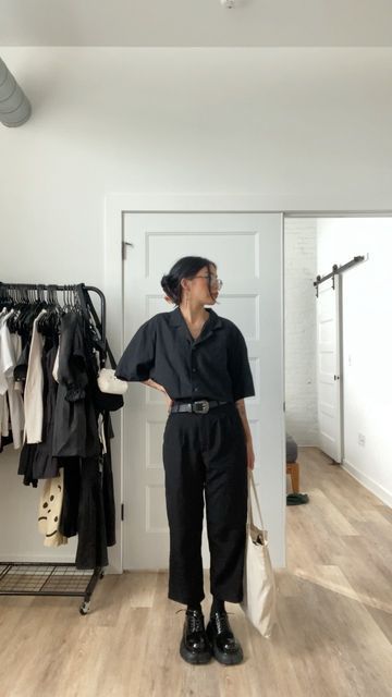 Tomboy Work Outfit Summer, Teaching Outfits Pants, Black Work Outfit Summer, Work Outfits For Creatives, Goth Work Outfits Summer, Black Long Shirt Outfit, Black Outfit For Work, How To Style Black Dress Pants, Black Shirt Dress Outfit Casual