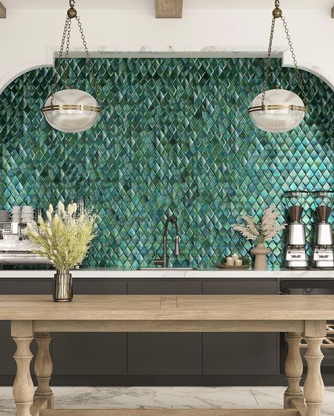 Elevate your space with Tile Club’s Prism Jade cast glass tiles! These gorgeous, beveled mosaics reflect light beautifully, adding a touch of luxury to any wall or pool area. Available in diamond, brick, and hexagon patterns, they bring rich jade hues and a glossy finish to your design. Perfect for creating a stunning focal point in any room. ✨ Mosaic Tile Countertop, Green Glass Backsplash Kitchen, Stained Glass Backsplash, Colorful Backsplash Kitchen, Green Glass Tile Backsplash, Green Backsplash Kitchen, Emerald Green Tile, Cinema Xxi, Green Mosaic Tiles