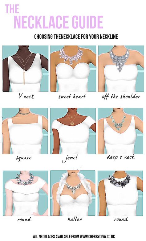 Choosing the right necklace for your neckline. – Cherry Diva Necklace For Neckline, Necklace Guide, 일본 패션, Hairstyles Videos, Fashion Dictionary, Fashion Terms, Halter Neck Dress, Fashion Vocabulary, The Necklace