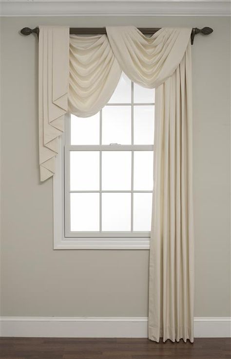 Featuring dramatic layered double swags, side panels, and cascades, Monaco Pole swags make your window a focal point. Gold Curtain Scarf, Swag Curtain Ideas, Exterior Window Treatments, Unique Window Treatments, Classic Curtains, Nice Background, Swag Curtains, Natural Mood, Exterior Window