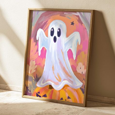 Halloween Decor Pastel, Floral Ghost Painting, Pastel Halloween Painting, Halloween Painting Ideas On Canvas Easy Ghost, Spooky Paint Night, Kids Halloween Painting Ideas On Canvas, Simple Ghost Painting, Halloween Art Easy, Easy Ghost Painting