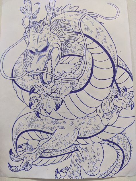 Dragon Ball Dragon Tattoo, Dbz Dragon Tattoo, Shen Ron Tattoo, Dbz Drawings Sketches, Shenron Drawing, Shenron Tattoo Design, Shenlong Tattoo, Shenron Tattoo, Sheng Long