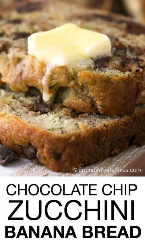 Chocolate Chip Zucchini Banana Bread - Spend With Pennies Over Ripped Bananas Recipes, Gluten Free Zucchini Bread, Zucchini Recipes Dessert, Chocolate Chip Banana Bread Recipe, Ripe Banana Recipe, Zucchini Banana, Zucchini Banana Bread, Fresh Zucchini, Healthy Bread Recipes