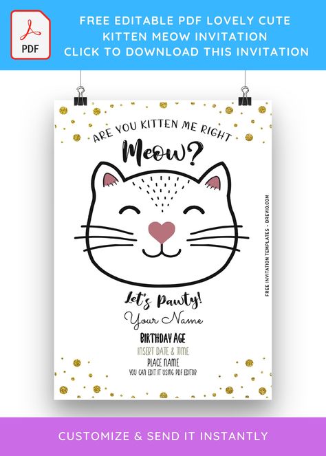 Cat Birthday Party Invitations Free Printable, Cat Party Invitations Free Printable, Cat Birthday Invitations Free Printable, Cat Invitations Birthday, Birthday Invitation Template Free Editable, Cat Birthday Party Invitations, Cat Birthday Invitations, Cat Invitations, Kitten Birthday Party