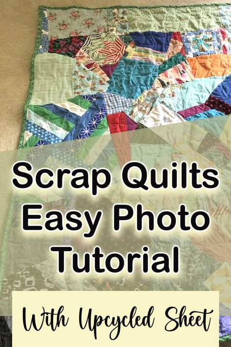 This Improv Crazy Quilt Photo Tutorial Uses An Upcycled Flannel Sheet for the batting so that you can repurpose sheets and fabric scraps to make cute quilts for a bedroom or lap quilt. Improv quilting | Crazy Quilt | scrap quilts patterns leftover fabric | Upcycled flannel sheets | Repurposed sheets | beginner quilts Repurpose Sheets, Repurposed Sheets, Scrap Quilts Patterns Leftover Fabric, Beginner Quilts, Improv Quilting, Old Sheets, Flannel Sheets, Quilts Patterns, Scrap Quilt Patterns