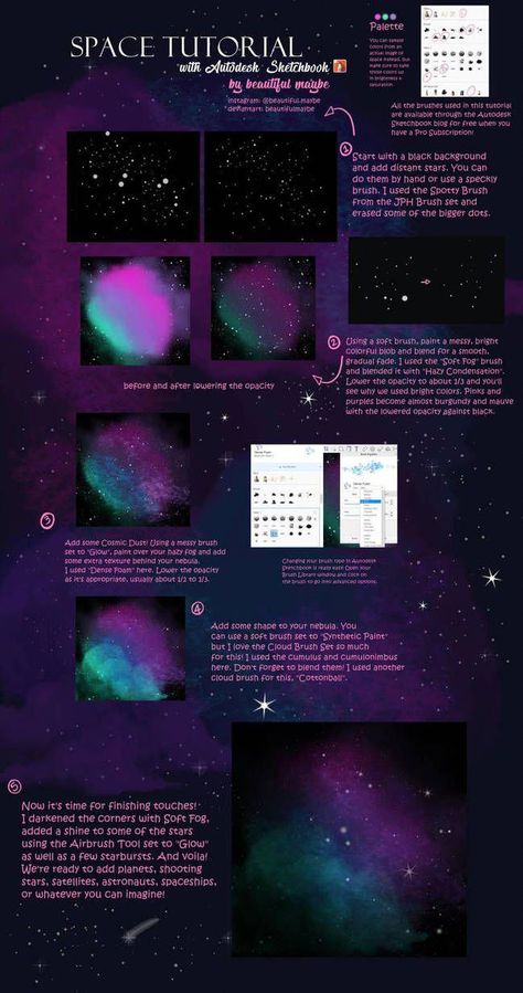 Space Tutorial in Autodesk Sketchbook by beautifulmaybe #PhotoshopHowToDigitalArt Space Tutorial Digital, Space Digital Art Tutorial, Digital Art Beginner Tips, Space Reference Drawing, Space Painting Tutorial, Autodesk Sketchbook Tutorials, How To Draw Galaxy, Space Sketchbook, Space Digital Art