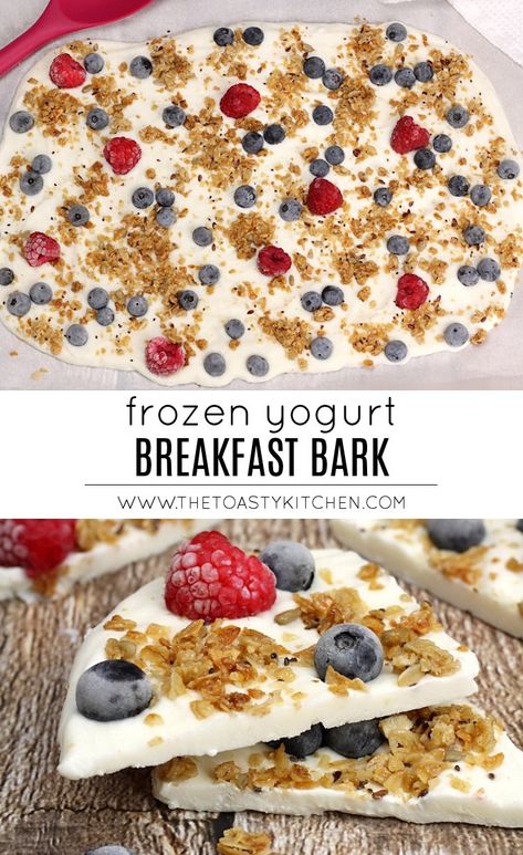 Frozen yogurt bark recipe by The Toasty Kitchen. Frozen yogurt bark is a fun and easy recipe that's perfect for breakfast, snacking, or as a post-workout treat. Greek yogurt is topped with granola and berries, frozen, then sliced into easy bite size pieces. #frozenyogurtbark #yogurtbark #breakfastbark #snack Breakfast With Raspberries, Blueberry Raspberry Recipes, Blueberry Yogurt Bark, Blueberry Dishes, Blueberry Bark, Yogurt Bark Recipe Frozen, Greek Yogurt Bites, Yoghurt Breakfast, Yogurt Treats