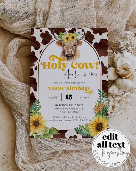 Celebrate your little sunflower's first birthday with our Boho Sunflower Cow 1st Birthday invitation template! This adorable, easy-to-edit design features a charming boho cow theme and vibrant sunflower accents. Download, customize, and print for a stress-free birthday bundle. Perfect for your girl's sunflower birthday party, this invitation sets the stage for a delightful celebration. ✅ INSTANT ACCESS ✅ EDIT ALL TEXT/FONT & FONT COLOR ✅ PRINT AT HOME OR PROFESSIONALLY ✅ PRINTING SERVICE 👉 http First Birthday Cow Theme, Highland Cow Birthday Party, Sunflower First Birthday, Cow 1st Birthday, Sunflower Birthday Parties, Boho Sunflower, Cow Sunflower, Sunflower Birthday, 1st Birthday Invitation Template