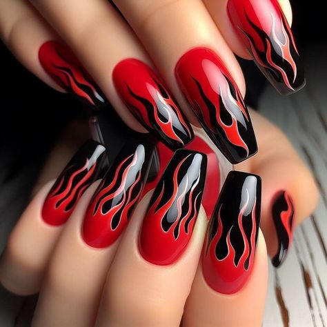 Nails Acrylic Fire Flames, Black And Red Fire Nails, Red Fire Nails Designs, Acdc Nails, Fire Nails Acrylic, Red Fire Nails, Fire Flame Nails, Nail Art Coffin Shape, Fire Nails Designs