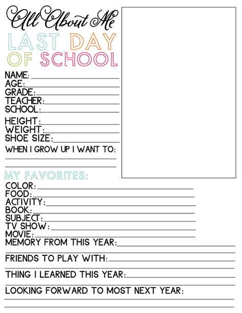 Printable Last Day of School Fill In - to go hand in hand with school binder from www.thirtyhandmadedays.com School Year Memories, Vogue Kids, The Last Day Of School, Hundreds Chart, School Binder, School Printables, Preschool Graduation, Kindergarten Graduation, End Of School Year