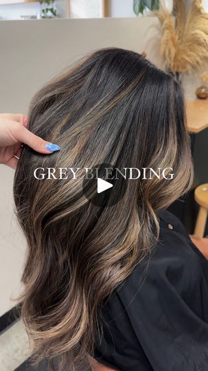 Dark Brown Hair Going Grey Highlights, Fall Hair Dark Roots, Cover Greys In Dark Hair, Dark Hair Grey Coverage Ideas, Covering Grey Hair With Highlights, Hair Color For Grey Hair Coverage, Grey Blending On Dark Hair, Gray Blending Brown Hair, How To Blend Grey Hair With Dark Hair