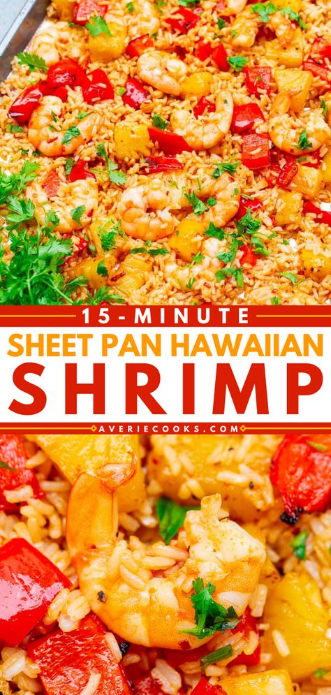 Hawaiian Sheet Pan, Hawaiian Shrimp, Sheet Pan Shrimp, Baked Teriyaki Chicken, Teriyaki Chicken And Rice, Pan Shrimp, Honey Barbecue, Hawaiian Dishes, Averie Cooks