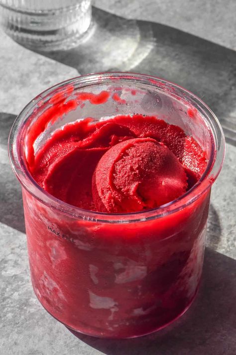 Ninja Creami raspberry sorbet Ninja Creami Raspberry Sorbet, Raspberry Sorbet Ninja Creami, Raspberry Sorbet Recipe, Vegan Sorbet, Ninja Creamy, Ninja Recipes, Ninja Creami, Raspberry Syrup, Sorbet Recipes