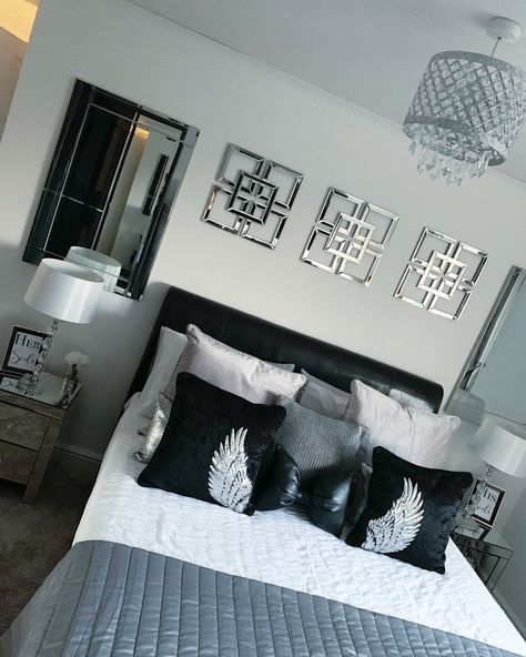 Black And Silver Bedroom Furniture, Glam Bedroom Makeover, White Black And Silver Bedroom Ideas, Black White Grey Silver Bedroom, Blue Black And Silver Bedroom Ideas, Black And White And Grey Bedroom Ideas, Black Silver Bedroom Ideas, Silver And Black Bedroom, Black And Silver Bedroom Decor