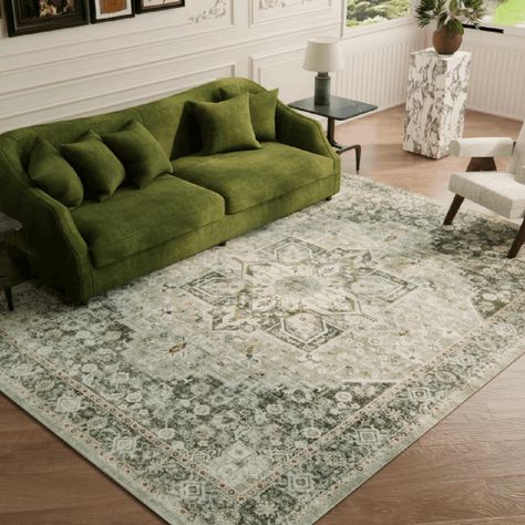 Accent Green Rug, Rug For Green Sofa, Green Rug Living Room Ideas, Earthy Rugs Living Rooms, Sage Green Rug Living Room, Organic Modern Rugs, Rug For Green Couch, Apartment Living Room Rug, Carpet On Carpet