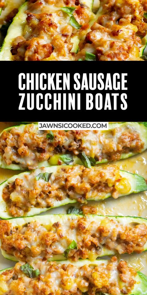 Light and low-carb Chicken Sausage Zucchini Boats recipe with a simple veggie and chicken sausage filling flavored with garlic, sun dried tomatoes and Italian cheeses. Chicken Sausage And Zucchini Recipes, Chicken Sausage Recipes Healthy Low Carb, Ground Chicken Sausage Recipes, Italian Chicken Sausage Recipes, Chicken Sausage Zucchini, Sausage Zucchini Boats, Chicken Sausage Recipes Healthy, Healthy Sausage Recipes, Boat Recipes