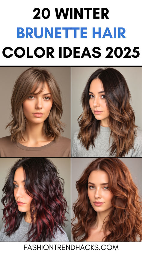 A collage showcasing four women with different brunette hair color styles perfect for winter 2025. The top left features a light ash brown bob, the top right highlights a warm caramel balayage on medium-length hair, the bottom left shows deep brown hair with burgundy highlights, and the bottom right displays long wavy hair in a rich chestnut tone. Short Hair Color Ideas For Brown Skin, Winter Color For Brunettes, Popular Hair Colors 2020, Medium Length Hair Color Ideas Brunettes, Winter Hair Color For Dark Brown Hair, Winter Hair Color For Brown Eyes, All Brown Hair Color Shades, Hair Color Fall 2024 Brunette, Balayage Winter Brunettes