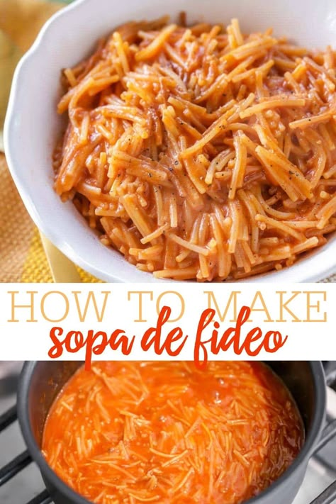 This quick, simple and delicious Sopa (soup) de fideo is a family favorite. It's also cheesy and flavorful! Just 5 Ingredients and you'll have dinner in no time. #sopadefideo #sopa #cheesysopa Fideo Recipe, Week Meals, Lil Luna, Leftovers Soup, Mexican Soup, Vegetarian Soup, Soup And Sandwich, Mexican Food Recipes Authentic, Mexican Dishes