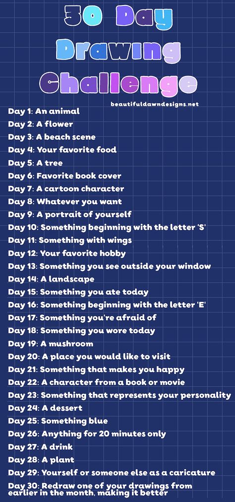 Looking to ignite your creative side? Try the 30 Day Drawing Challenge! Whether you're an artist by trade, a hobby doodler, or a complete beginner, this challenge is for everyone. With daily prompts ranging from "draw something you've never drawn before" to "draw your favorite animal," you'll be challenged to break out of your comfort zone and explore new techniques and styles. Improve Art, 30 Day Art Challenge, Art Journal Challenge, 30 Day Drawing Challenge, Daily Prompts, Drawing Ideas List, Creative Drawing Prompts, Drawing Prompt, Out Of Your Comfort Zone