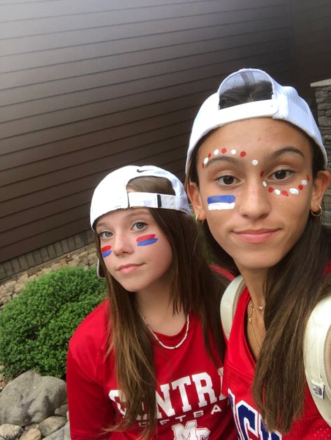 School Dots On Face, Spirit Dots Face Paint, Makeup Looks For Football Games, Red White And Blue Dots On Face, Face Paint For Volleyball Games, Face Painting For School Spirit Day, Field Day Makeup, Sprit Week Face Paint, Football Girlfriend Face Paint