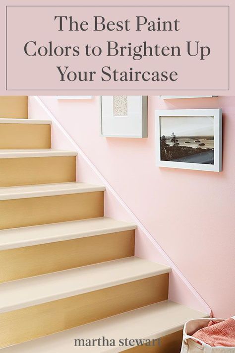 Paint expert-approved paint colors to try on your staircase to help create a light and airy space. From classic white to sky blue and beyond, our experts share their favorite hues for steps and risers. #paintcolors #marthastewart #paintideas #paintcolorideas #bestpaintcolors #homeinspiration Stairwell Paint Colors Stairways, Colorful Staircase Ideas, Accent Wall Staircase Paint Colors, Staircase Colours Paint Colors, Paint Ideas For Stairway Walls, Paint Colors For Stairway Walls, Paint Colors For Stairs, Staircase Wall Color Ideas, Staircase Paint Colors