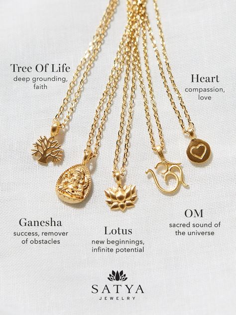 These 18KT gold plated meaningful necklaces will guide you on your journey. Give the gift of grounding, success, new beginnings, or love with our Tree of Life, Ganesha, Lotus or Heart Necklaces. You can even hold the sacred sound of the universe close to your heart with our Om necklace. Meaningful Pendant Necklace, Om Necklace Gold, Pendent Design Gold, Om Pendent, Meaningful Jewelry Necklaces, Hindu Necklace, Ganesha Necklace, Spiritual Necklaces, Om Jewelry