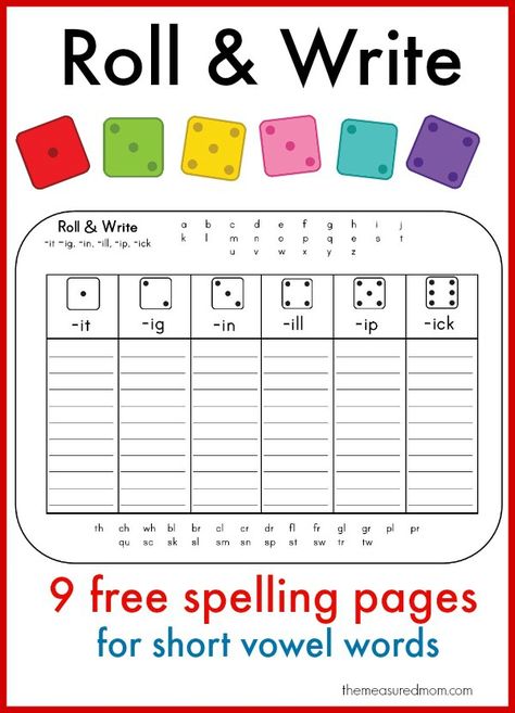 Roll Write for short vowel words Learn to spell short vowel words with these fun printables! Short E And I Activities, Vowel Activity, Free Phonics Activities, Making Words Activities, Simple Handwriting, Teaching Digraphs, Spelling Games For Kids, Learning To Spell, Roll And Write