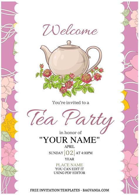 Tea Party Baby Shower Invitations, Art Birthday Party Invitations, Birthday Invitation Message, Victorian Tea Party, Diy Tea, Invitations Template, Diy Invitation, Tea Party Invitations, Birthday Art