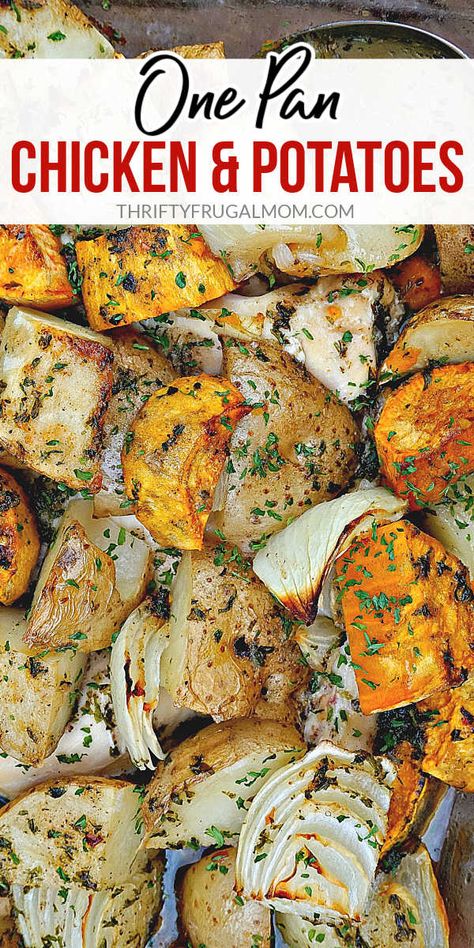 Roasted Potatoes And Chicken, One Pan Chicken And Potatoes, Potatoes And Chicken, Chicken Potato Bake, Roasted Chicken And Potatoes, Herb Roasted Potatoes, Chicken And Potatoes, Grilled Meat Recipes, One Pan Chicken