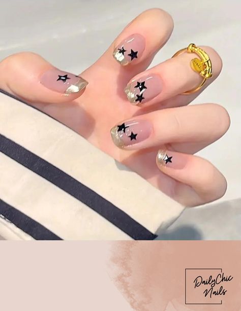 French Tip With Star Design, French Tip Nails With Stars, Classic French Tip, French Tips, Shades Of Gold, Star Design, Nail Sizes, Black Set, Effortless Elegance