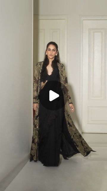 Saree With Jacket, Deepika Padukone Saree, Ridhima Bhasin, Drape Saree, Ruffle Collar, Deepika Padukone, Black Jacket, Muse, Saree