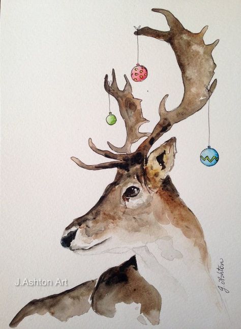 A Bit Dressed Up Original Watercolour Deer Painting By Jashtonart - Watercolor Reindeer Painted Christmas Cards, Deer Painting, Illustration Noel, Christmas Card Art, Soyut Sanat Tabloları, Watercolor Christmas Cards, Art Carte, 수채화 그림, Christmas Drawing