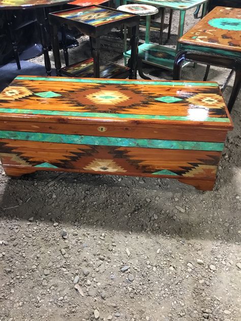 Navajo Painted Furniture, Southwest Decor Diy Ideas, Western Furniture Ranch Style Rustic, Aztec Furniture Makeover, Southwest Furniture Painted, Native American Living Room Ideas, Western Style Painted Furniture, Blue Western Decor, Aztec Furniture Diy