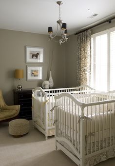 Twin Nursery Gender Neutral, Yellow Crib, Nursery Ideas Boy, Baby Nursery Design, Gray Painted Walls, Traditional Nursery, Grey Baby Nursery, Jenny Lind, White Crib