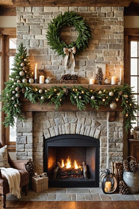 Fireplace Christmas Decorations Ideas, Fire Place Christmas Decor, Rustic Christmas Ideas, Cozy Christmas Decorations, Christmas Fireplace Decor Ideas, Fireplace Christmas Decor, Christmas Inn, Holiday Fireplace Decor, Christmas Fireplace Decorations