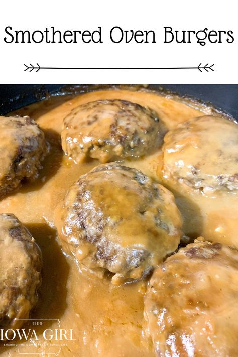 Oven Hamburger Steak And Gravy, Baked Hamburger Patties Oven With Gravy, Smothered Burgers With Gravy, Bake Hamburger Patties Oven, Hamburger Steaks In Oven, Oven Baked Hamburger Patties, Hamburger Patties In Oven, Baked Hamburger Patties Oven, Smothered Hamburgers